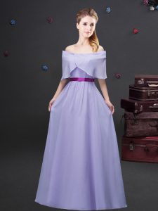 Lavender Empire Chiffon Off The Shoulder Half Sleeves Ruching and Belt Floor Length Zipper Quinceanera Court of Honor Dress