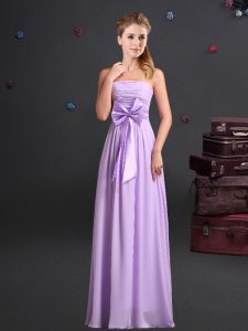 Luxurious Lavender Sleeveless Floor Length Ruching and Bowknot Zipper Court Dresses for Sweet 16