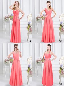 Sleeveless Floor Length Lace and Ruching Zipper Vestidos de Damas with Watermelon Red