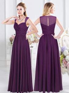 Affordable Purple Chiffon Zipper Straps Sleeveless Floor Length Quinceanera Dama Dress Ruching