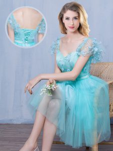 Lovely Knee Length Aqua Blue Court Dresses for Sweet 16 Sweetheart Short Sleeves Lace Up