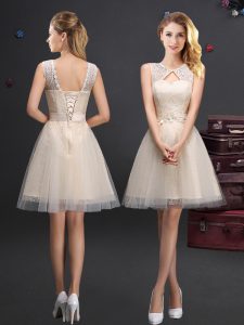 Amazing Scoop Mini Length Lace Up Dama Dress Champagne for Prom and Party and Wedding Party with Lace and Appliques and Belt