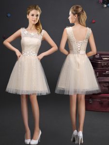 Scoop Champagne Sleeveless Tulle Lace Up Court Dresses for Sweet 16 for Prom and Party and Wedding Party