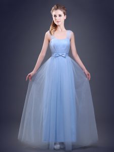 Sumptuous Straps Floor Length Light Blue Quinceanera Court of Honor Dress Tulle Sleeveless Ruching and Bowknot