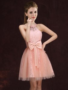 Custom Design Halter Top Mini Length Lace Up Vestidos de Damas Peach for Prom and Party and Wedding Party with Lace and Bowknot