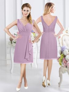 Noble Sleeveless Chiffon Knee Length Zipper Quinceanera Dama Dress in Lavender with Ruching