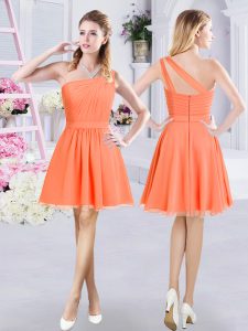 Decent Orange A-line Chiffon One Shoulder Sleeveless Ruching Mini Length Zipper Quinceanera Dama Dress