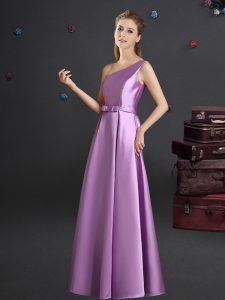 Fashionable One Shoulder Lilac Empire Bowknot Damas Dress Zipper Elastic Woven Satin Sleeveless Floor Length