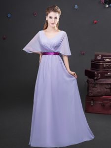 Lavender Half Sleeves Floor Length Ruching and Belt Zipper Dama Dress for Quinceanera
