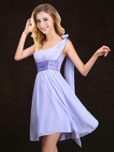 One Shoulder Lavender Sleeveless Mini Length Ruching and Hand Made Flower Zipper Damas Dress