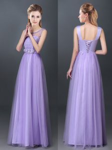 Flirting Scoop Lavender Sleeveless Lace and Hand Made Flower Floor Length Dama Dress for Quinceanera