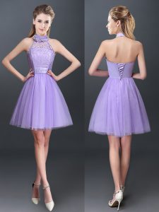 Fashion Halter Top Lavender Lace Up Quinceanera Court Dresses Lace and Appliques Sleeveless Mini Length