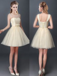 Shining Scoop Sleeveless Mini Length Lace and Hand Made Flower Lace Up Dama Dress for Quinceanera with Champagne