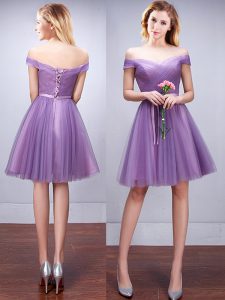 Exquisite Knee Length Lavender Quinceanera Court of Honor Dress Off The Shoulder Sleeveless Lace Up