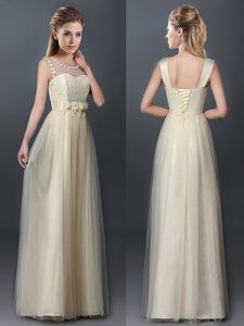 Scoop Sleeveless Damas Dress Floor Length Lace and Hand Made Flower Champagne Tulle