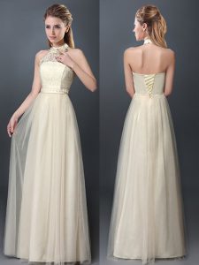 Halter Top Champagne Lace Up Vestidos de Damas Lace and Appliques Sleeveless Floor Length
