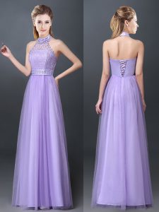 Lavender Empire Halter Top Sleeveless Tulle Floor Length Lace Up Lace and Appliques Court Dresses for Sweet 16