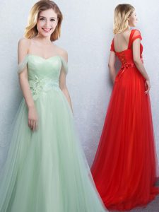 Off the Shoulder Appliques and Ruching Damas Dress Apple Green Lace Up Sleeveless With Brush Train