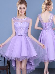 Fancy Scoop Mini Length Lavender Quinceanera Dama Dress Organza Sleeveless Lace