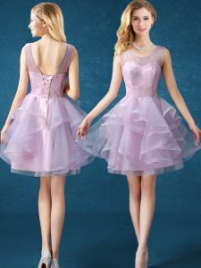 Pretty Scoop Lavender Organza and Tulle Lace Up Vestidos de Damas Sleeveless Knee Length Lace