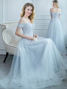 High End Off the Shoulder Cap Sleeves Tulle Floor Length Lace Up Damas Dress in Light Blue with Beading and Appliques