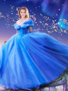 Romantic Cinderella Tulle Off The Shoulder Sleeveless Lace Up Beading and Bowknot Sweet 16 Quinceanera Dress in Royal Blue