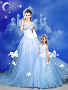 Custom Fit Court Train A-line 15 Quinceanera Dress Light Blue Off The Shoulder Tulle Sleeveless With Train Zipper