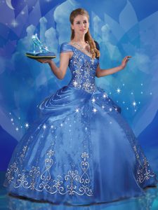 Exquisite Cinderella Blue Vestidos de Quinceanera Sweet 16 and Quinceanera and For with Beading and Embroidery Off The Shoulder Cap Sleeves Lace Up