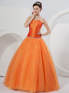 Strapless Floor-length Organza Orange Quinceanera Gown with Beading