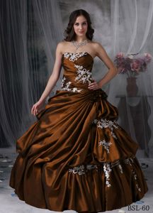 Strapless Taffeta Appliqued Quinceanera Gown Dress with Pick-ups in Orange