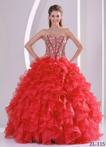 Sexy Beaded Sweetheart Red Full-length Dresses For Quinceanera with Ruffles