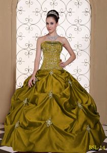 Olive Green Strapless Long Dress for Quince with Embroidery and Pick-ups