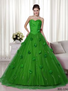 Special Sweetheart Green Brush Train Quinces Dress with Flowers in Taos