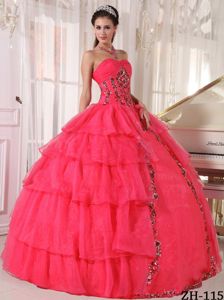 Sweetheart Coral Red Floor-length Quinces Dress with Paillette and Layers
