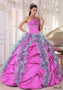 Strapless Colorful Full-length Sweet Sixteen Dress with Ruffles and Pick-ups