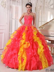 Coral Red and Orange Sequined Sweetheart Dress for Quinces with Ruffles
