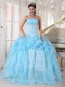 Strapless Light Blue Beaded Floor-length Dresses for Quince with Pick-ups