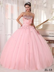 Baby Pink Beaded Strapless Floor-length Dress For Quinceanera with Flower