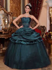 Peacock Green Strapless Full-length Quince Dress with Pick-ups in Ogden