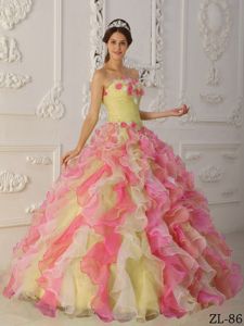 Cute Multi-color Strapless Full-length Quince Dresses Ruffles and Flowers