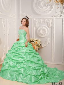 Apple Green Beaded Strapless Court Train Sweet 15 Dresses with Pick-ups