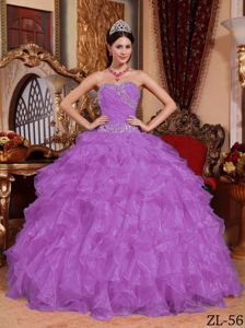 Elegant Purple Beaded Sweetheart Long Quince Dress with Ruffles in Orem