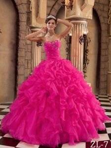 Lovely Hot Pink Beaded Sweetheart Floor-length Quince Dress with Ruffles