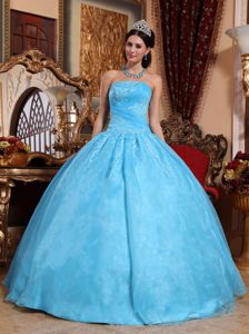 Lovely Strapless Aqua Blue Long Quince Dresses with Appliques in Addison