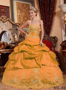 Orange Strapless Long Sweet Sixteen Dress with Pick-ups and Embroidery