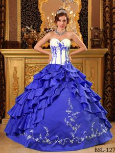 White and Blue Sweetheart Long Quince Dress with Embroidery and Ruffles