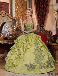 Elegant Lace-up Olive Green Long Quince Dress with Appliques and Ruffles