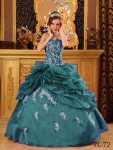 Lace-up Turquoise Long Sweet Sixteen Dresses with Appliques and Pick-ups