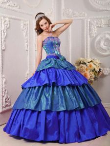 Strapless Multi-color Full-length Quince Dresses with Appliques and Layers