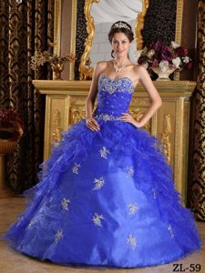 Sweetheart Floor-length Quinces Dresses with Ruffles and Appliques in Blue